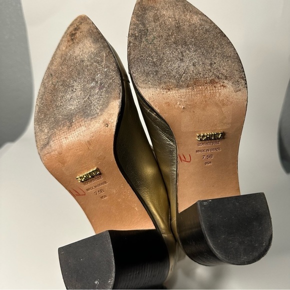 Schutz Happy Platina Gold Leather Chelsea Block Booties Pointed Toe Formal - Picture 11 of 14
